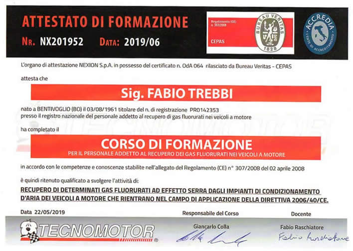 ricarica aria condizionata certificato West Zone Bologna